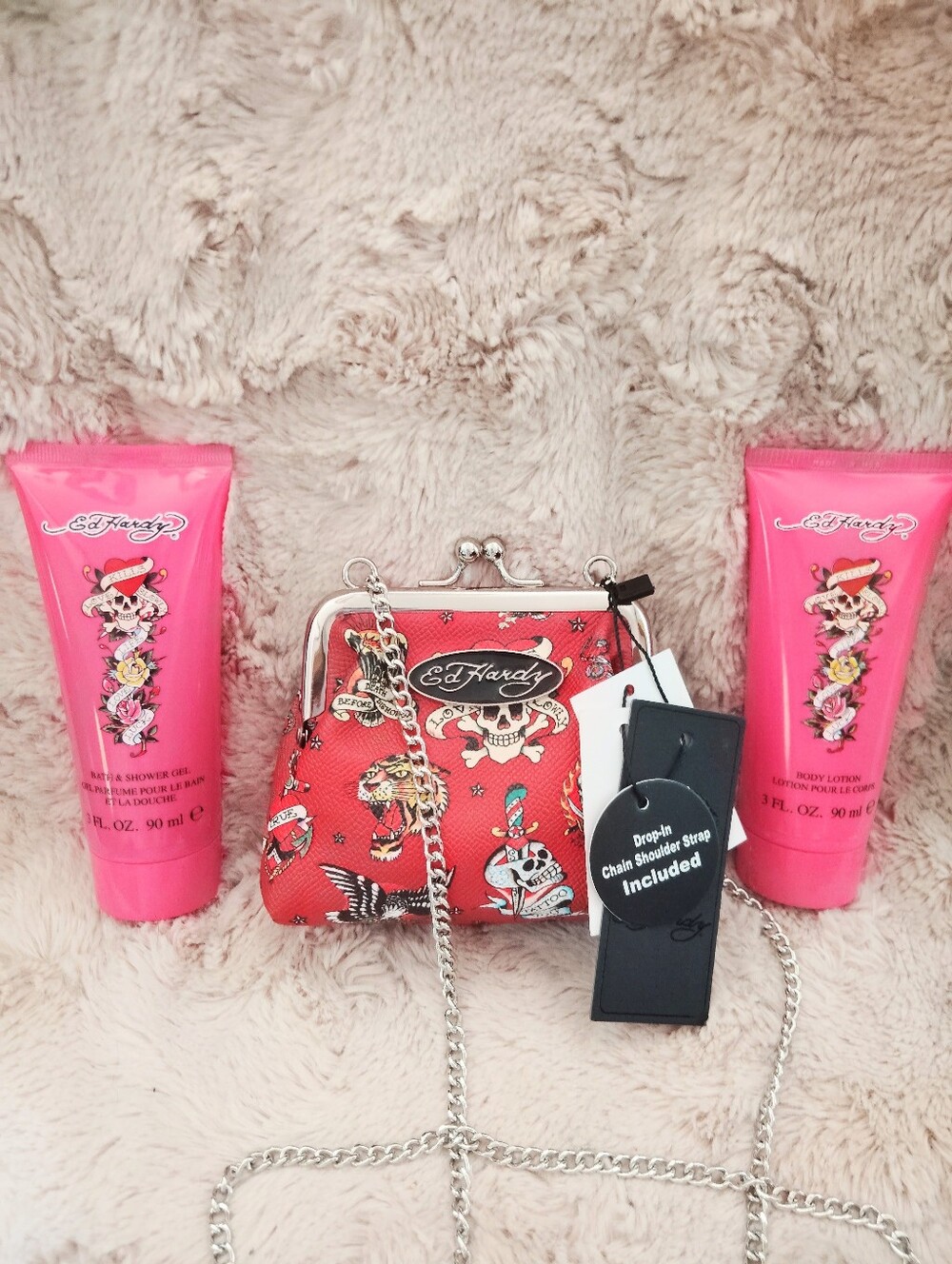 NWT!! Ed Hardy Red Printed Kiss-Lock Mini Crossbody  Silver Chain & Extras!!